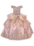 Big Girls Blush Glittery Gold Embroidered Off Shoulder Ball Gown 8-16 - SophiasStyle.com